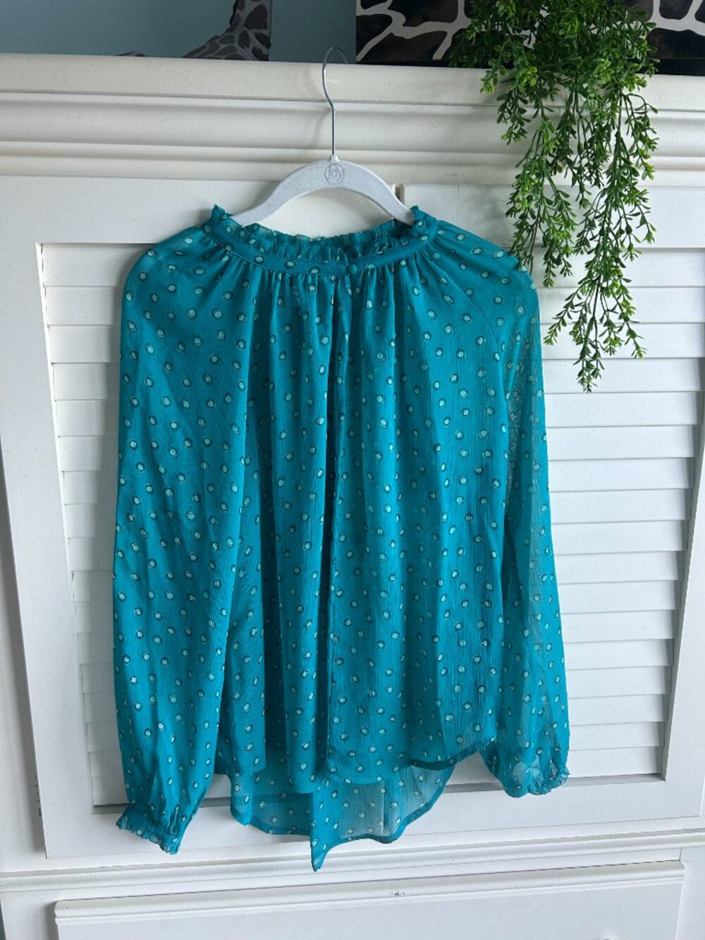 Elle Sheer Turquoise Long Sleeve Blouse with Dotted Print